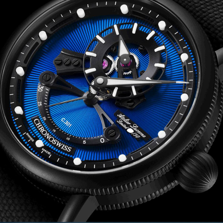 Chronoswiss Orologio Gear Fearas Oscailte Blue On Black Limited Edition 50Pezzi 44mm Blu Automatico Acciaio Finitura DLC Nero CH-6925M-EBBK