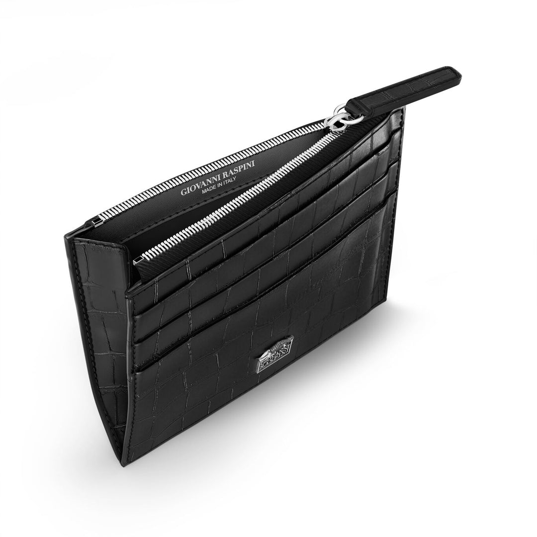 Porte-cartes Giovanni Raspini avec zip, cuir croco noir, argent 925 L0023