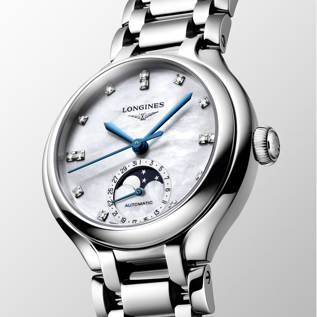 LONGINES PRIMALUNATA MOONPHASE WATCH 34MM MOTHERPERLA DIAMANTI Automatic Steel L8.126.4.87.6