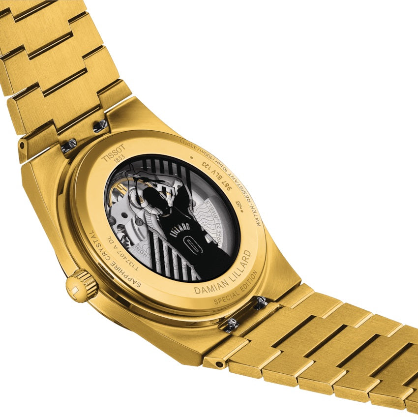 Tissot Clock Prx PowerMitic 80 Damian Lillard Special Edition 40mm Zwart automatische stalen afwerking PVD Gold Gold T137.407.33.051.00