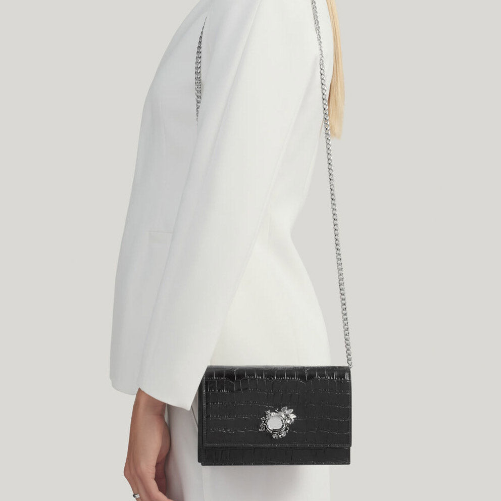 Pochette Giovanni Raspini jungle cuir croco noir bronzeblanc L0027