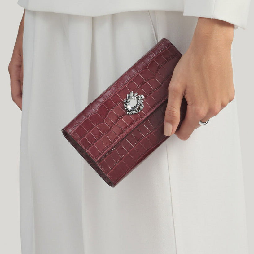 Carteira Giovanni Raspini selva continental croco couro branco bronze cor de vinho L0033