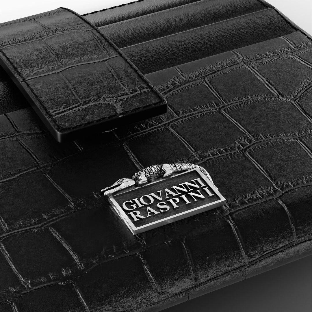 Carteira porta-cartões Giovanni Raspini em couro croco preto 925 prata L0025