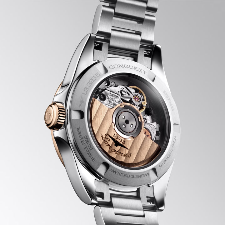 LONGINES CONQUEST 30MM WATCH AUTOMATIC BLUE STEEL STEEL PVD FINS ROSE ROSE L3.320.5.92.6