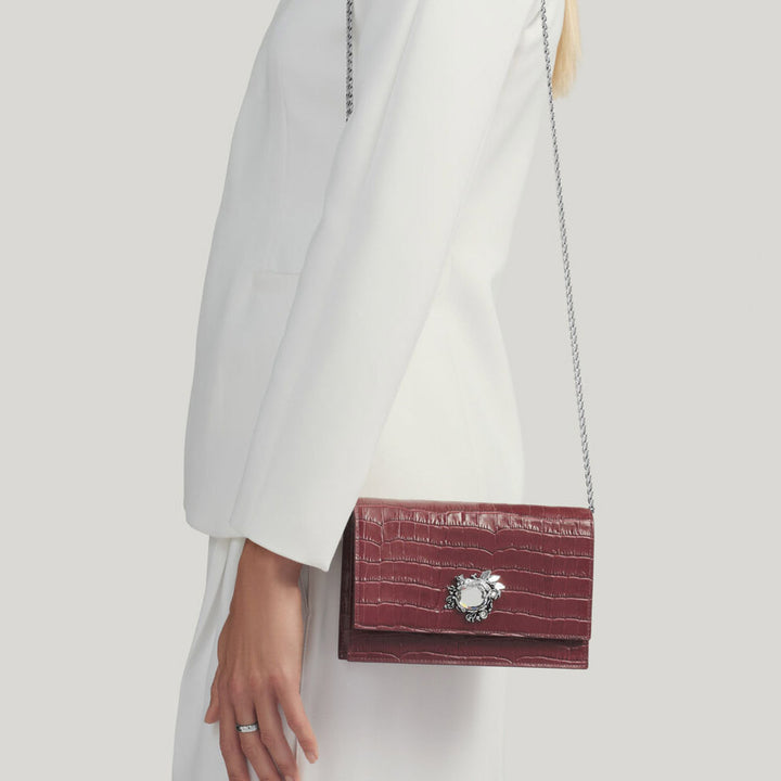 Pochette jungle Giovanni Raspini croco bordeaux bronze-blanc cuir L0034