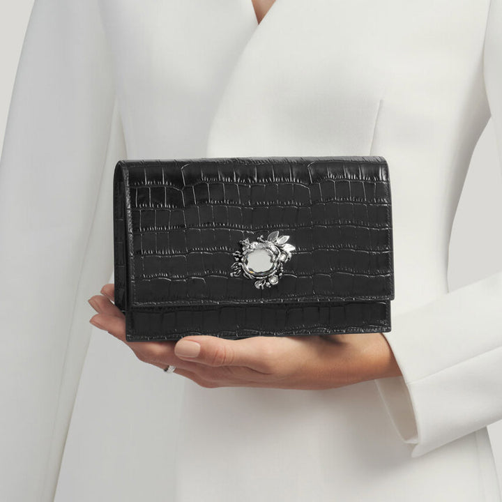 Pochette Giovanni Raspini jungle cuir croco noir bronzeblanc L0027