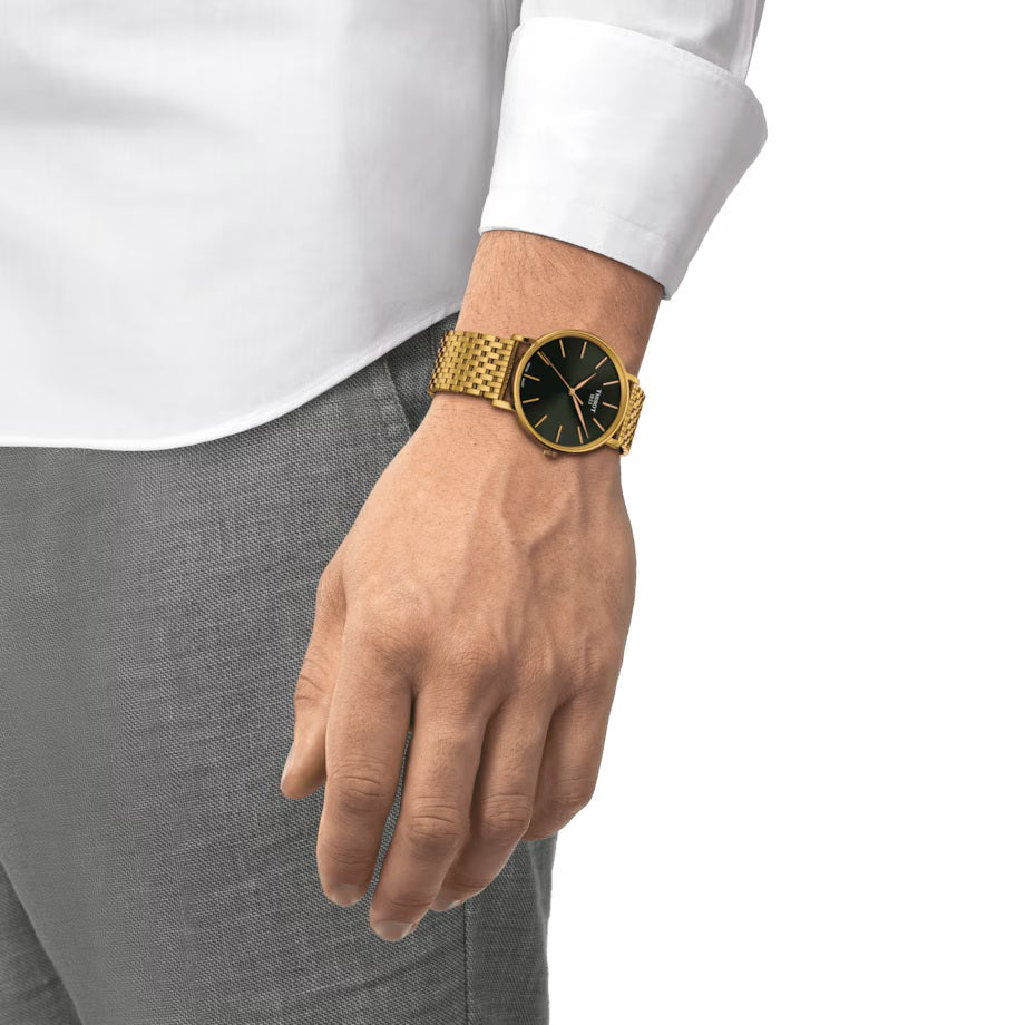 Tissot EveyTime 40mm Watch Green Quartz Quartz Steel Finish PVD Gold Yellow T143.410.33.091.00