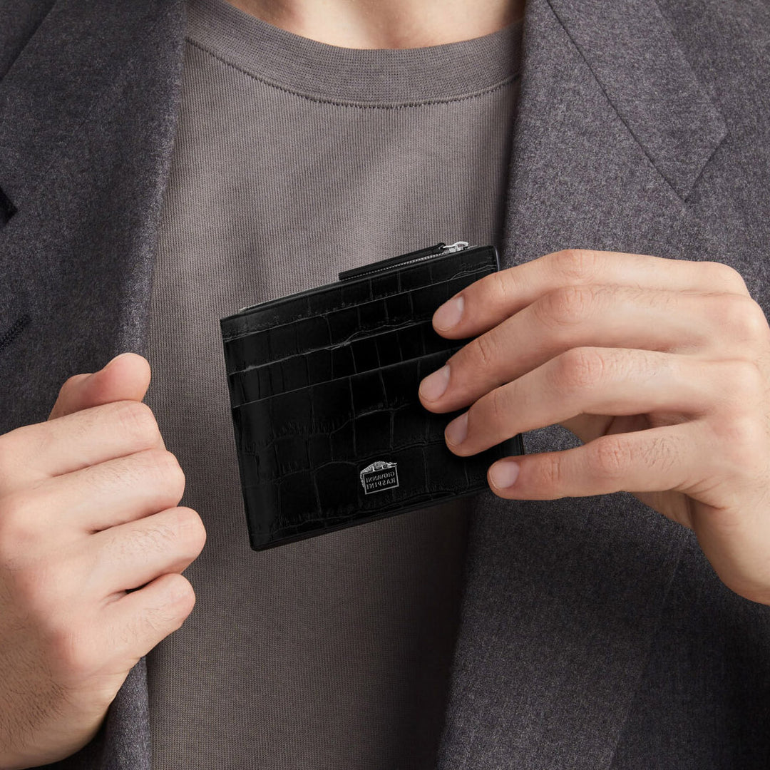 Porte-cartes Giovanni Raspini avec zip, cuir croco noir, argent 925 L0023