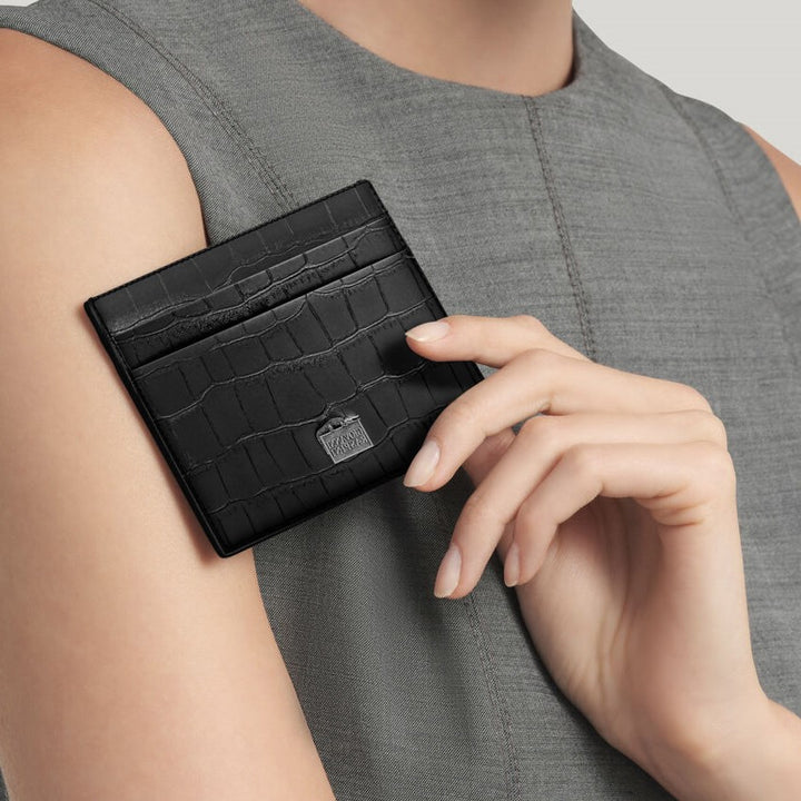Porte-cartes Giovanni Raspini 4 compartiments cuir croco noir argent 925 L0022