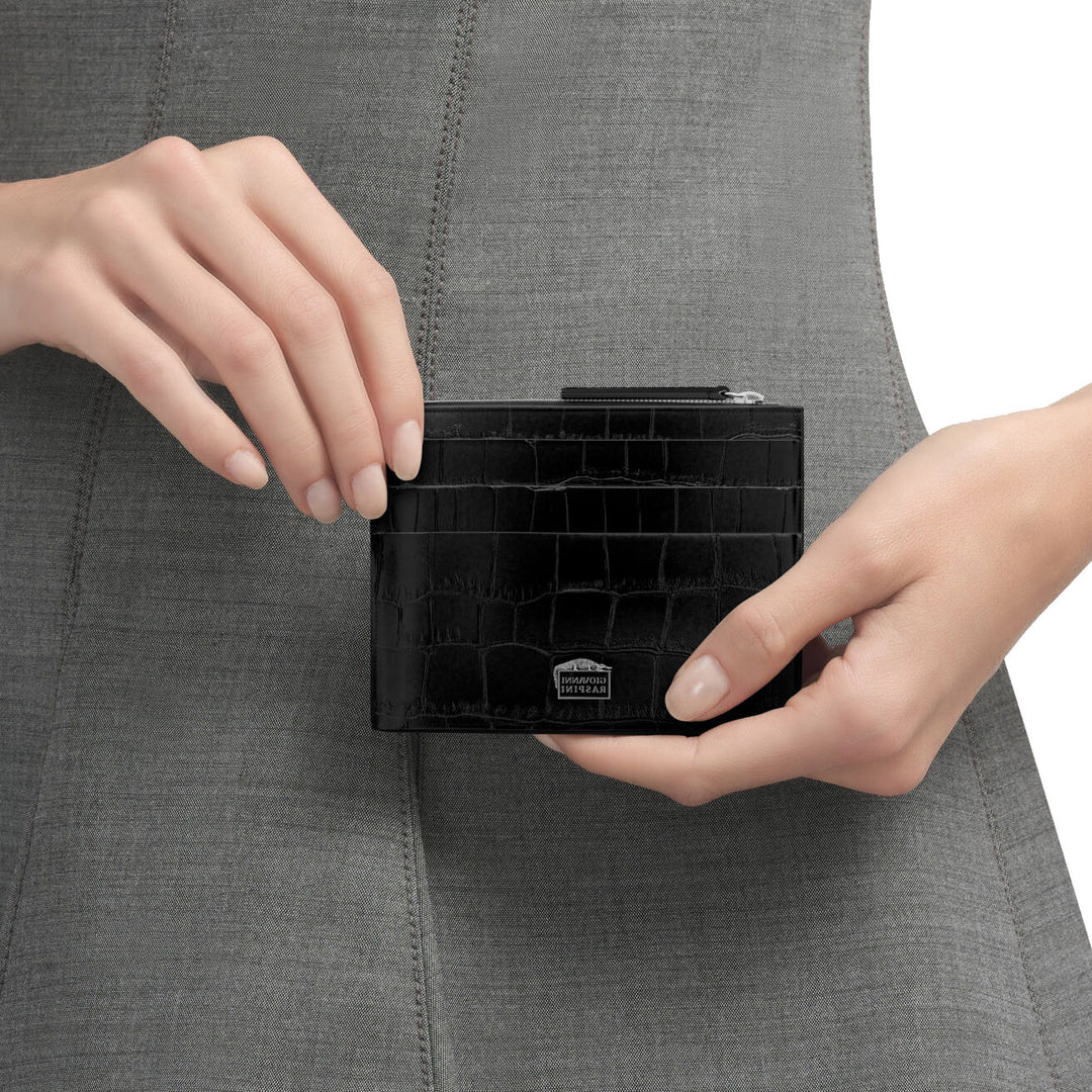 Porte-cartes Giovanni Raspini avec zip, cuir croco noir, argent 925 L0023