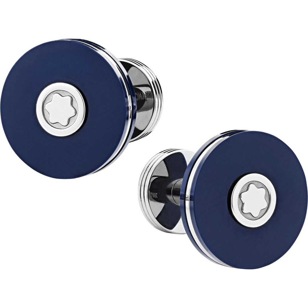 Montblanc round cufflinks in fine steel with blue resin 123812