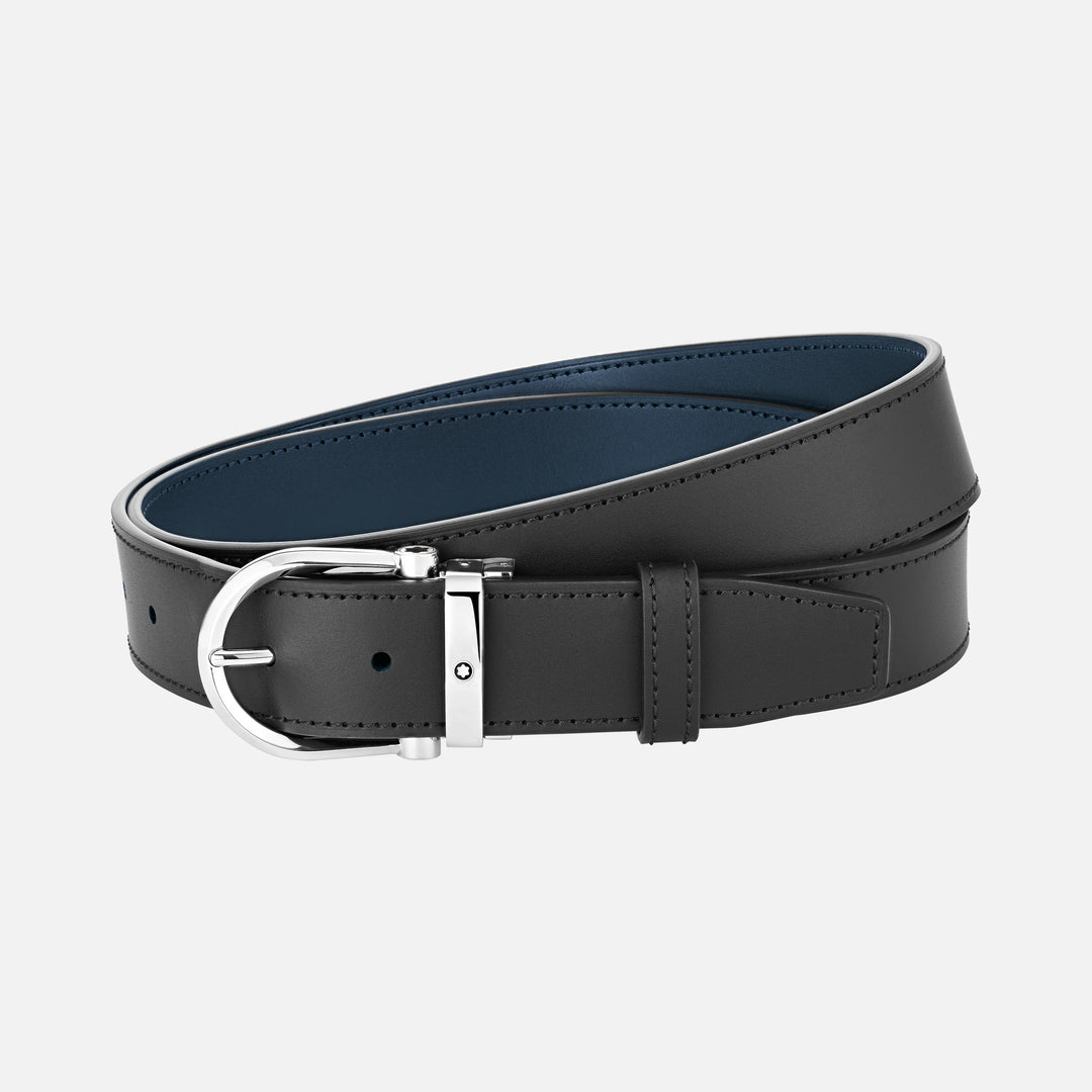 Montblanc 35 mm bälte med hästsko spänne i reversibelt svart/blått läder