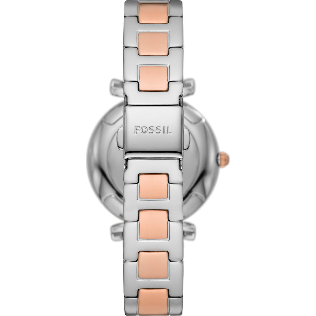 Fosssil relógio Carlie 35mm prata quartzo aço acabamentos PVD ouro rosa ES5156
