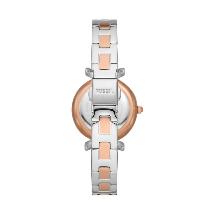 Fosssil relógio Carlie 28mm prata quartzo aço acabamento PVD ouro rosa ES5201