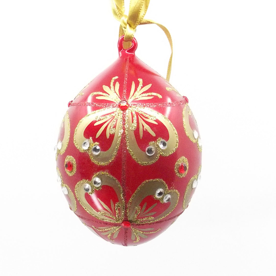 Fabergé decorazione Uovo vetro rosso decoro oro zecchino e strass A/557233 - Gioielleria Capodagli