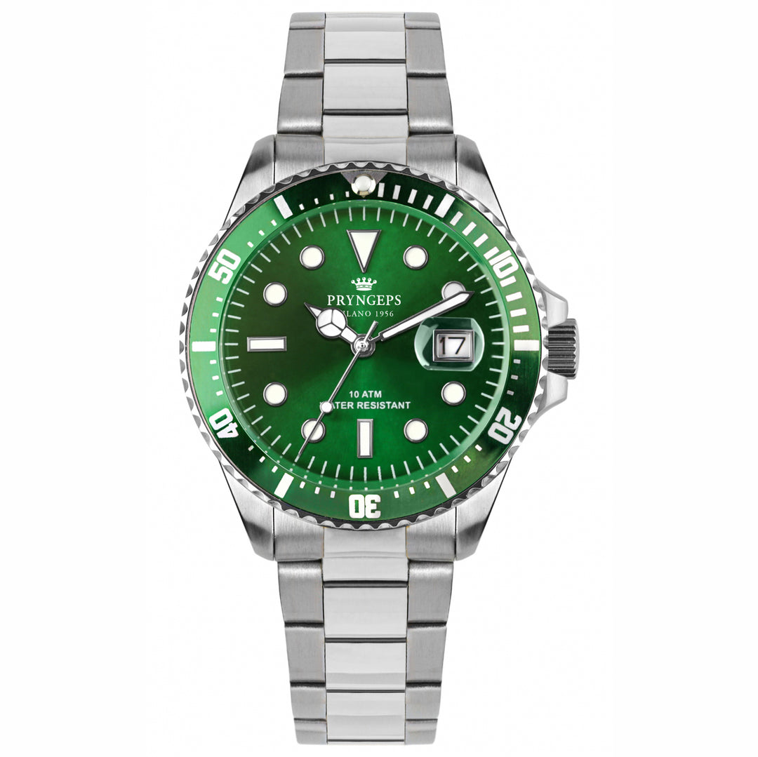 Pryngeps Средиземноморские часы Профессиональные 100 м 42 мм зеленый стальной кварцевый A1085 V/V
