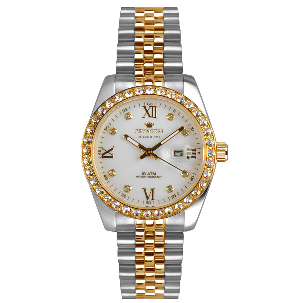 Pryngeps relógio Erre X 32mm branco zircão quartzo aço acabamentos PVD ouro amarelo A822/BS