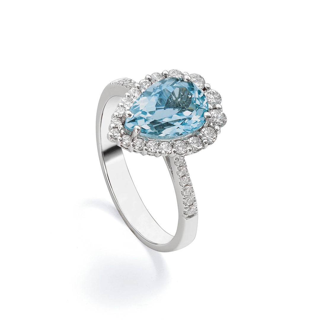 Golay Aquamarine anel gota contorno diamantes