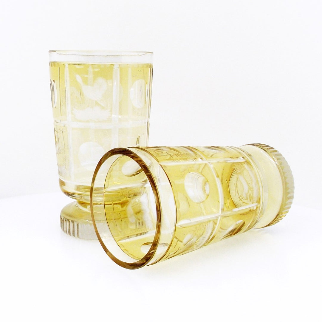 Coppia bicchieri in vetro ambra stile Biedermeier molato e inciso a mano A-S2429-G - Gioielleria Capodagli