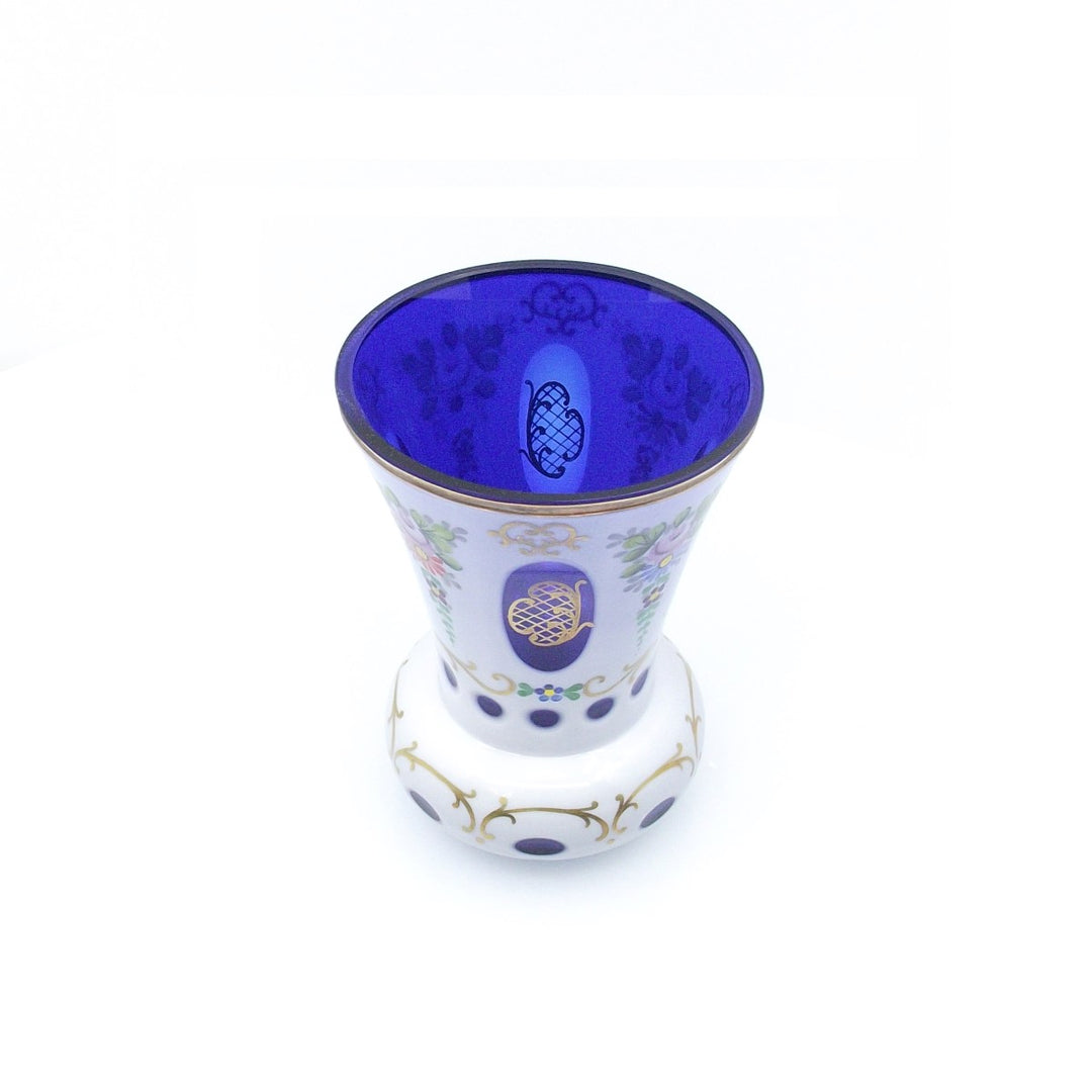 Crystal BOHEMIA bicchiere cristallo opalino blu con decori floreali e finiture dorate A-S1819-2 - Gioielleria Capodagli