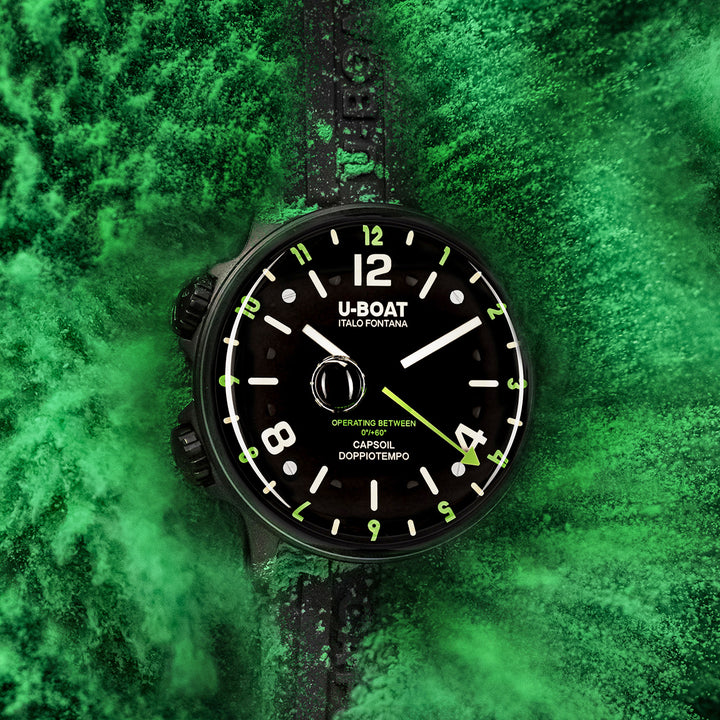U-BOAT ساعة Capsoil Dupletime DLC Green Rehaut 45 مم أسود صلب 8840