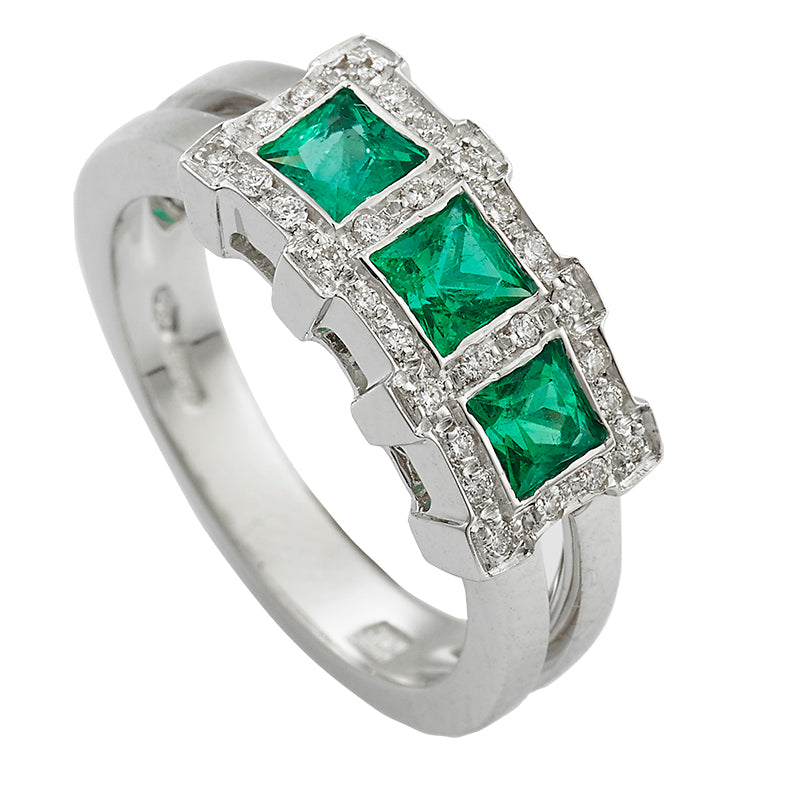 Sidalo anello trilogy oro bianco 18Kt 7,20g diamanti 0,14ct smeraldi 0,77ct M 3646 AS - Gioielleria Capodagli