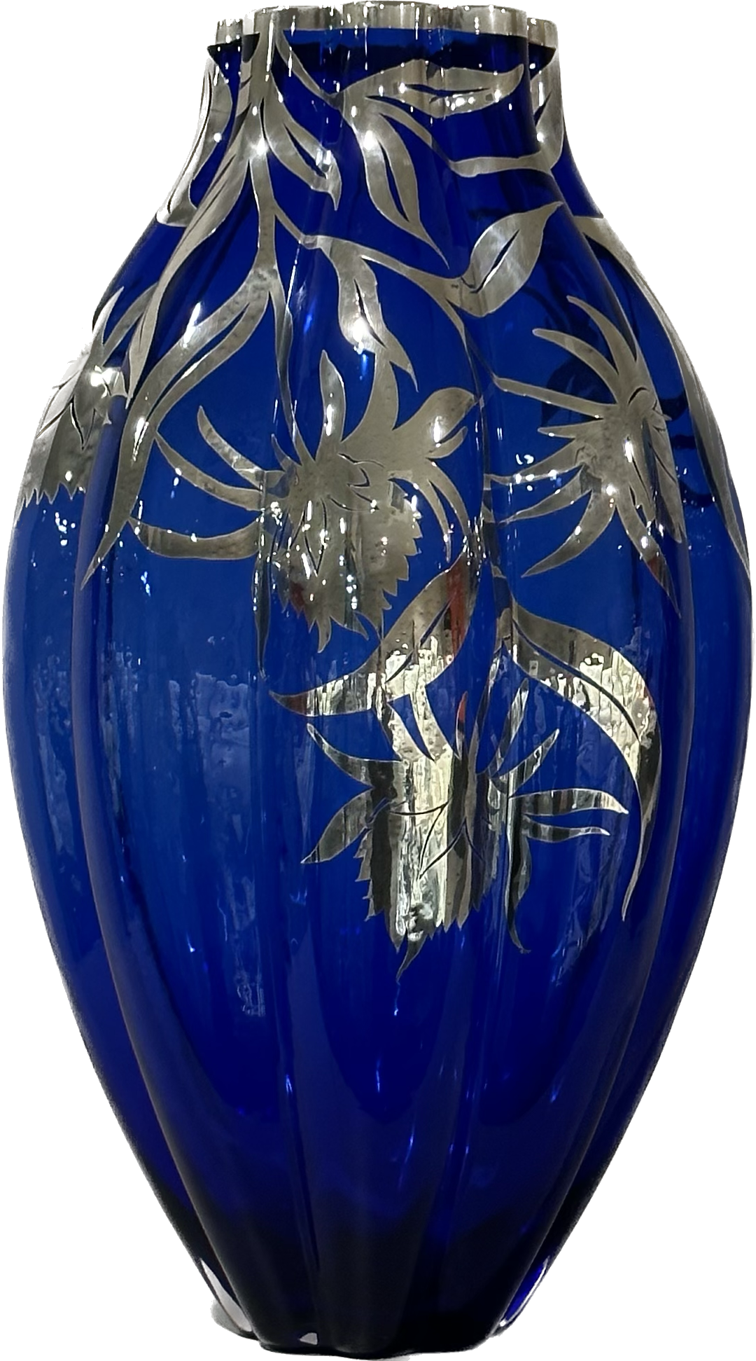 Художественные серебряные вазы с выдувным стеклом синий декор Серебряные цветы_Синий