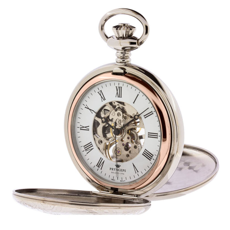Pryngps Pocket Watch 47mm White Manual Charge Steel PVD Finishes Pink Gold T083/R