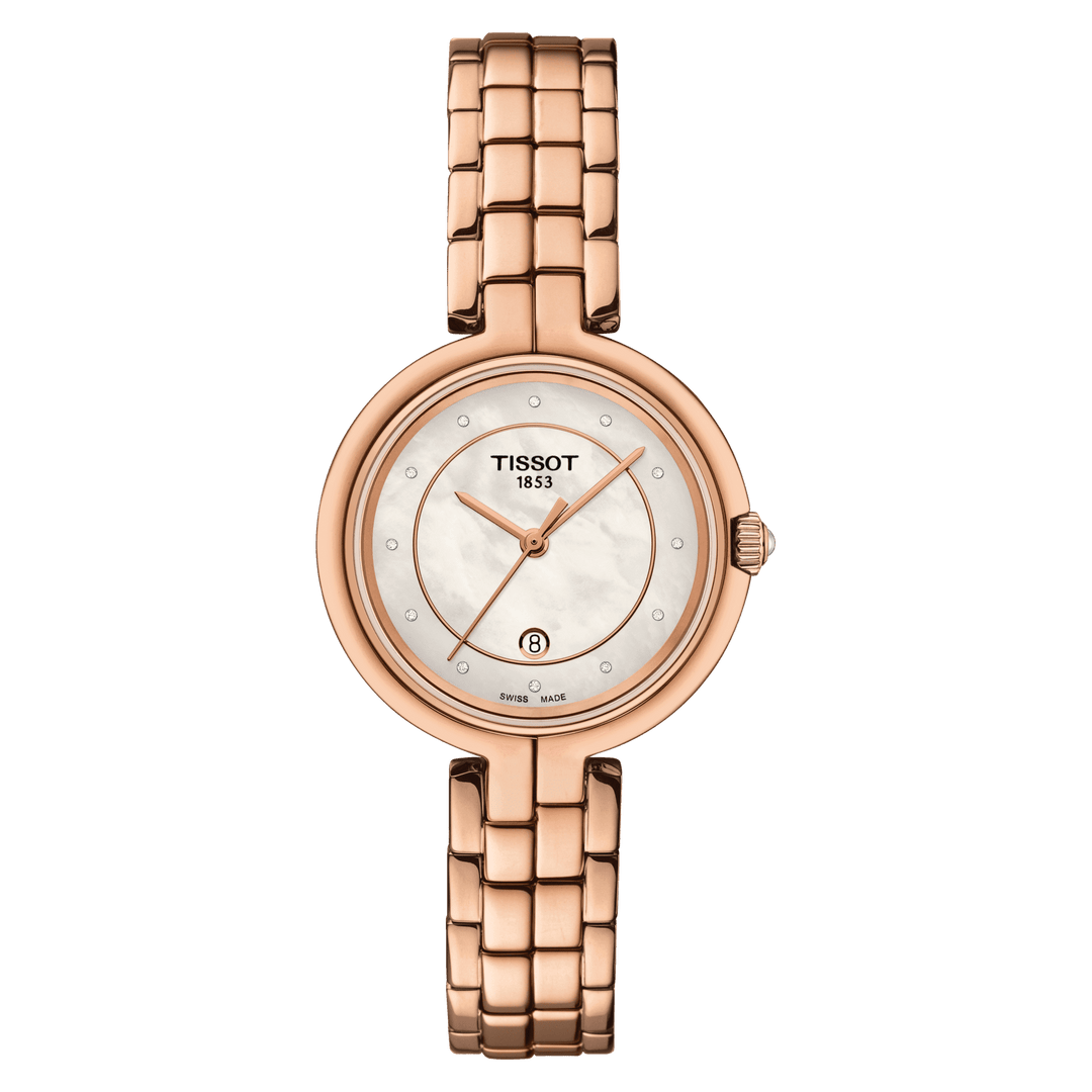 Tissot relógio Flamingo 30mm madrepérola quartzo aço acabamento PVD ouro rosa T094.210.33.116.02