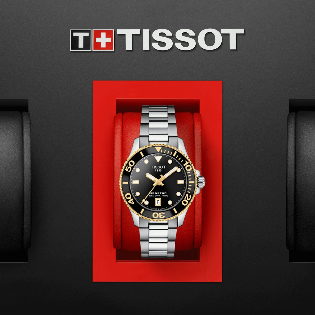 Tissot Seastar 1000 36mm أسود الكوارتز الكوارتز الصلب الانتهاء من الذهب الذهب T120.210.21.051.00