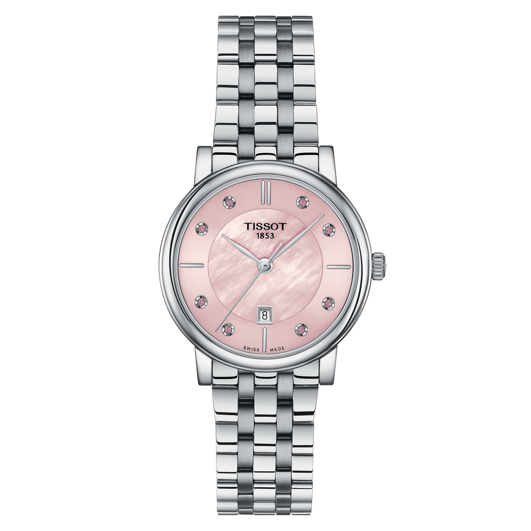 Tissot घड़ी कार्सन प्रीमियम लेडी 30 मिमी मोती गुलाबी क्वार्ट्ज स्टील T122.210.11.159.00