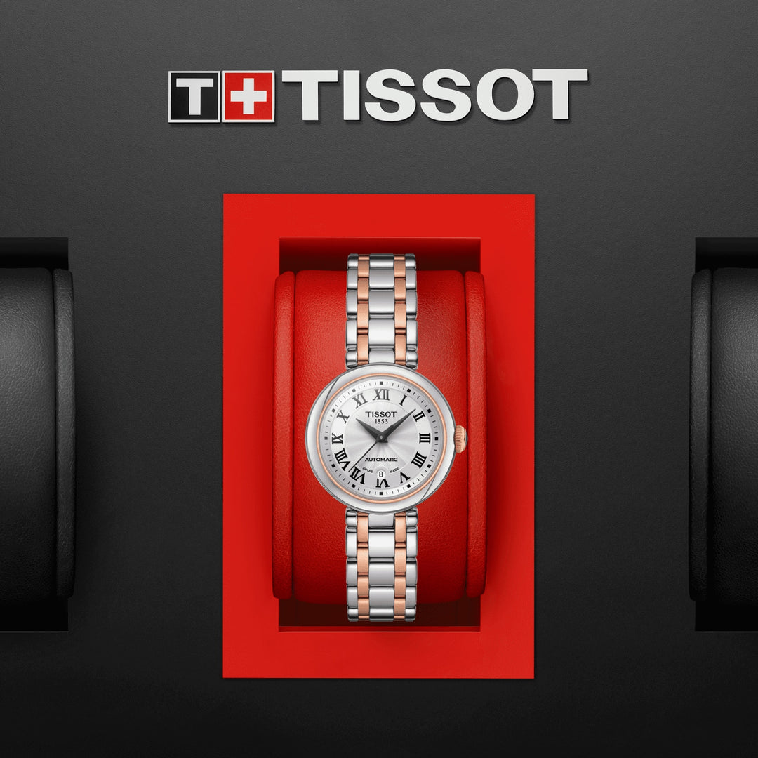 Tissot relógio Bellisssima Automatic 29 milímetros branco acabamentos automáticos de aço PVD ouro rosa T126.207.22.013.00