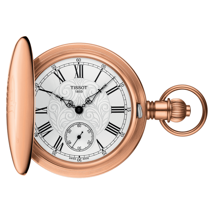 Tissot orologio da tasca Savonette Mechanical 52mm argento carica manuale ottone con finitura oro rosa T864.405.99.033.01 - Gioielleria Capodagli
