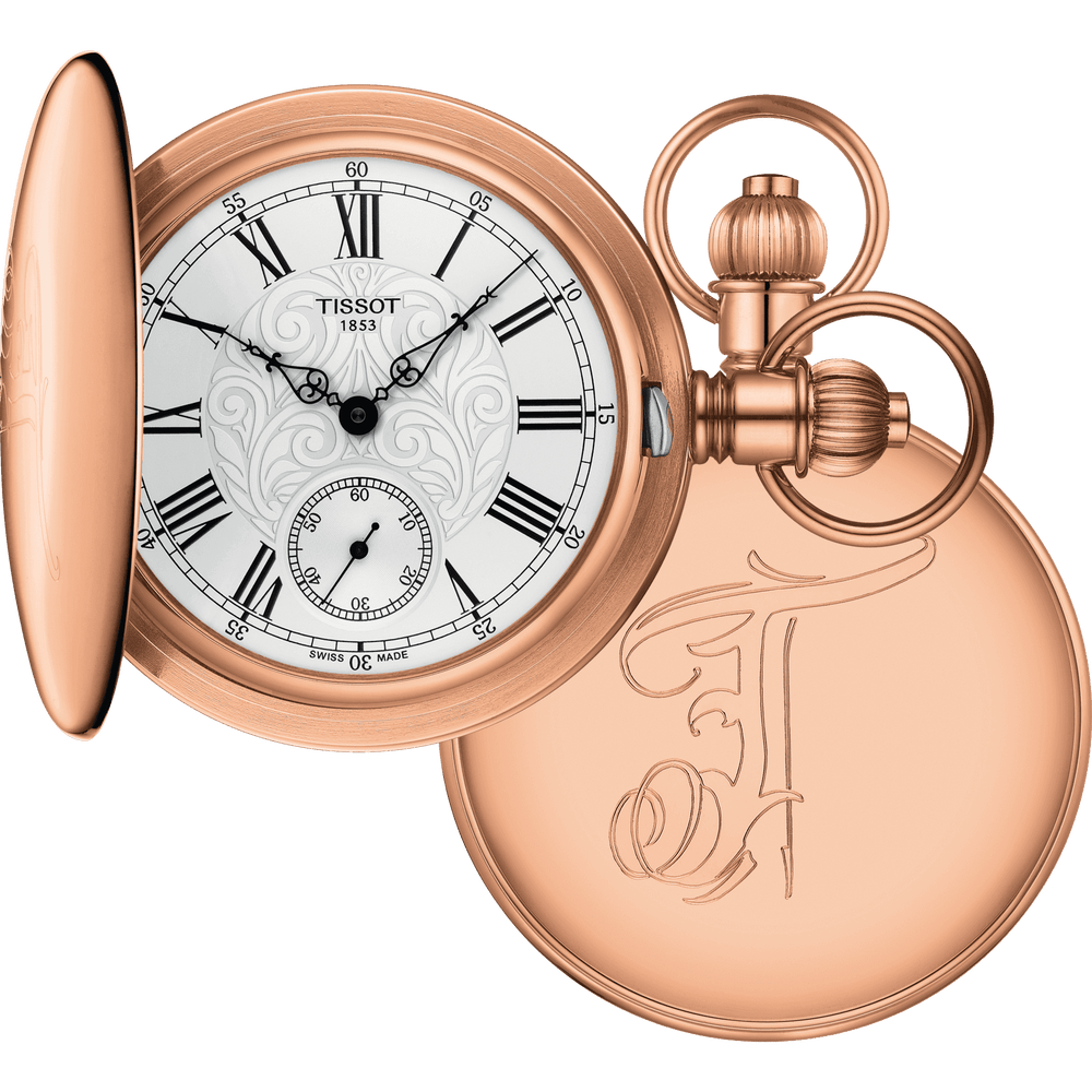 Tissot orologio da tasca Savonette Mechanical 52mm argento carica manuale ottone con finitura oro rosa T864.405.99.033.01 - Gioielleria Capodagli