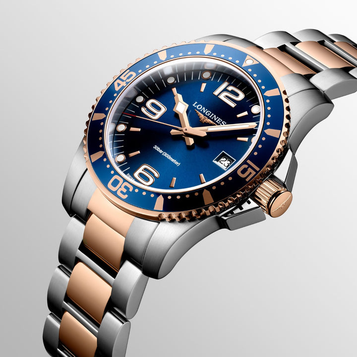 Longines Hydroconquest 41mm Watch Blue Quartz Steel Finish PVD Gold Rosa L3.740.3.98.7