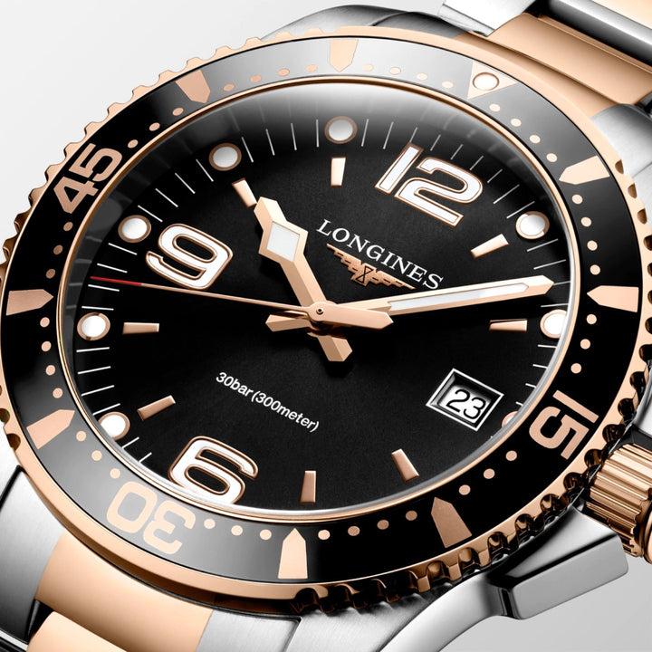 Longines HydroconQuest 41mm Watch Black Quartz Steel Finish PVD Gold Rose L3.740.3.58.7