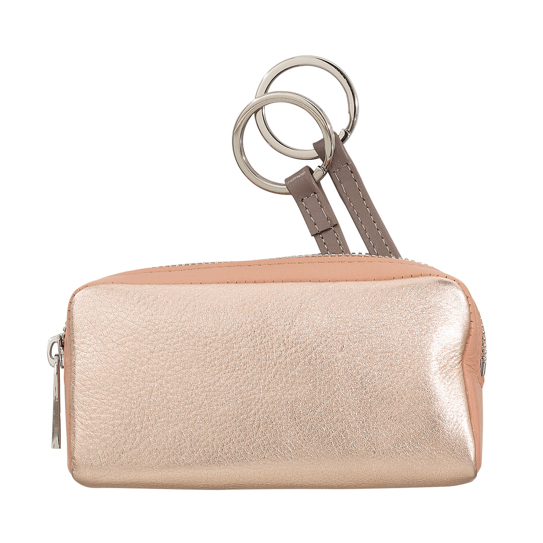 DUDU Women's Genuine Leather Pink Metallic Coin Case with Zipper Zipper Zipper