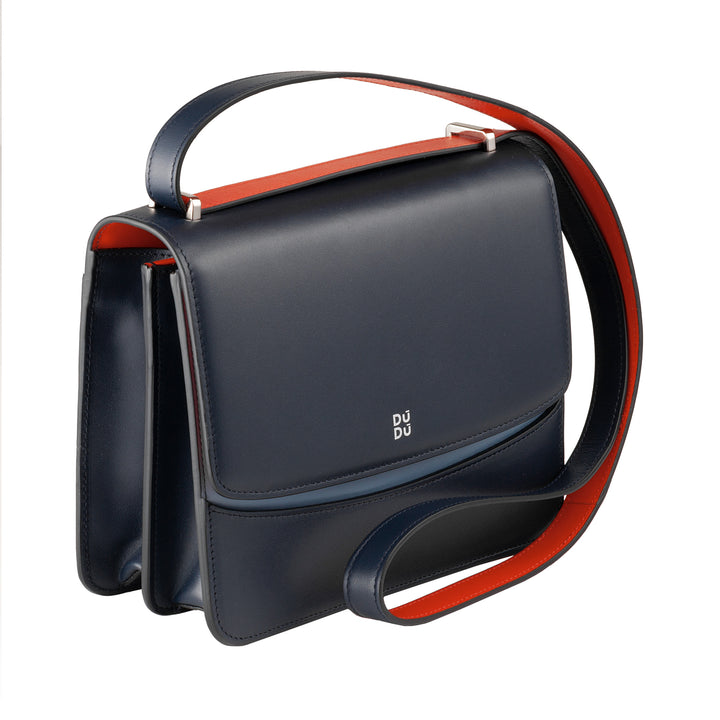 DuDu इटली में बने चमड़े के मध्यम कंधे बैग, 2-कक्ष फ्लैप के साथ कठोर डिजाइन सुरुचिपूर्ण डिजाइन
