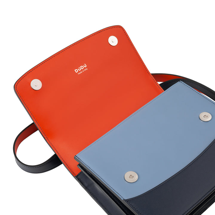 DuDu حقيبة يد نسائية متوسطة مصنوعة من الجلد في إيطاليا، حقيبة صلبة بتصميم أنيق مع رفرف 2 مقصورات
