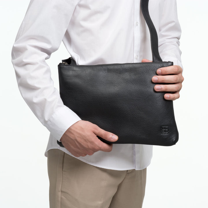 DuDu पुरुषों की स्लिम समायोज्य कंधे बैग महिलाओं के नरम चमड़े फ्लैट डिजाइन जिपर बंद करने के साथ