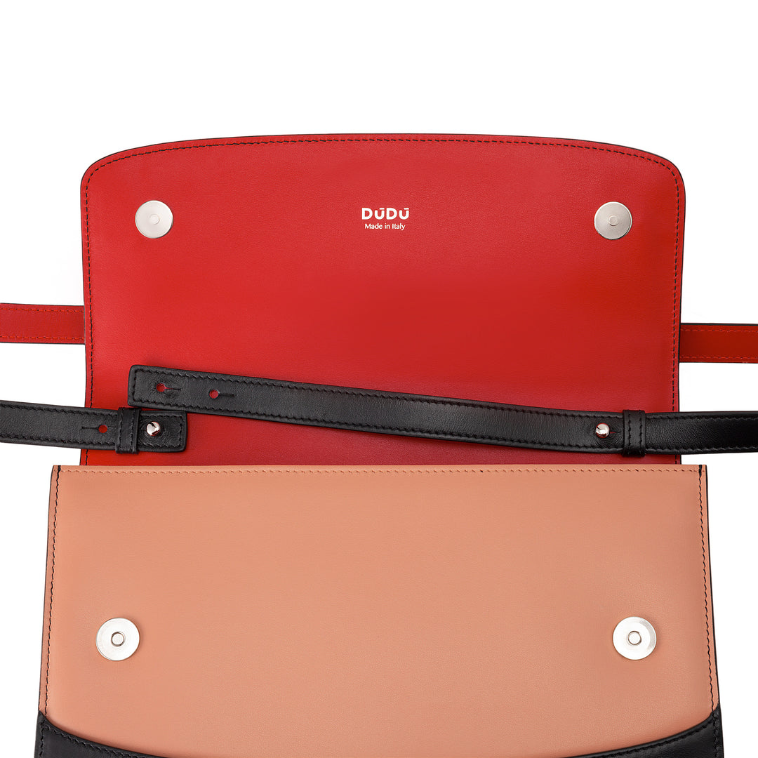DuDu Bolsa de ombro de couro feminino Made in Italy Grande Design rígido elegante com flâmula, 3 compartimentos
