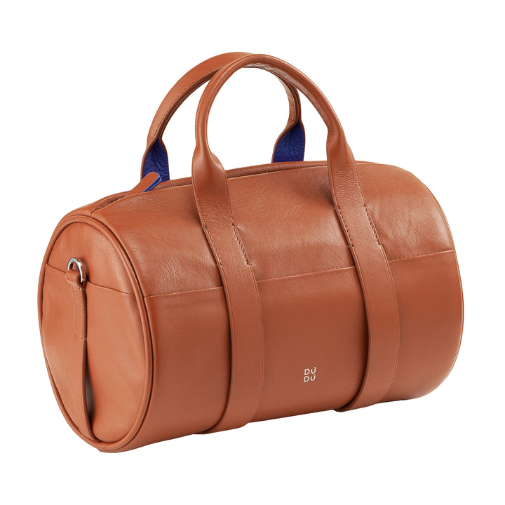 DUDU حقيبة اسطوانية من جلد طبيعي ، حقيبة لينة اسطوانية ، حقيبة برميل مع حزام الكتف ومقبضين ، تصميم أنيق ملون