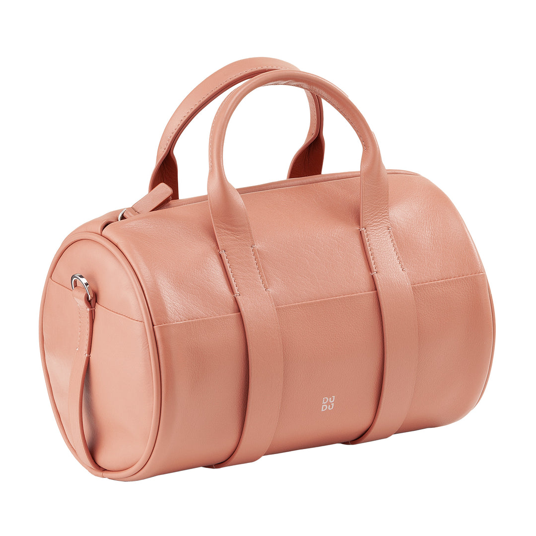 Dudu kvinnors väska med äkta lädercylinder, cylindrisk mjukväska, fatväska med axelrem och två handtag, färgglad elegant design