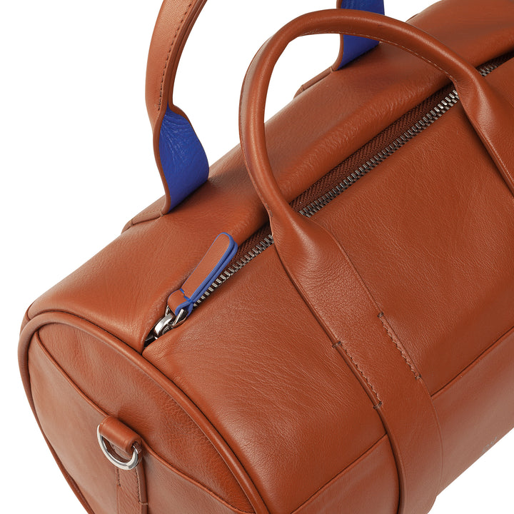 Dudu kvinnors väska med äkta lädercylinder, cylindrisk mjukväska, fatväska med axelrem och två handtag, färgglad elegant design