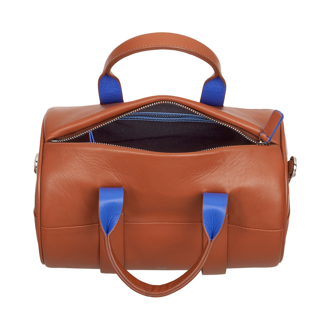 DUDU 真皮圆柱形女包,圆柱形软包,带肩带和两个手柄的桶包,优雅的彩色设计