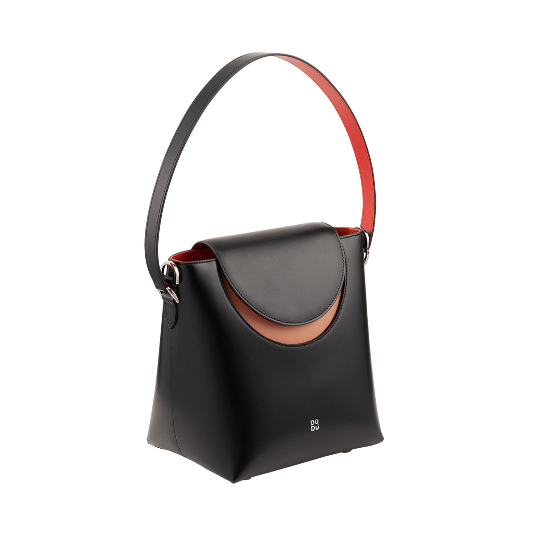DuDu Kvinners bøttepose med laget i Italia skinnskulderstropp skulderveske, magnetisk klaff