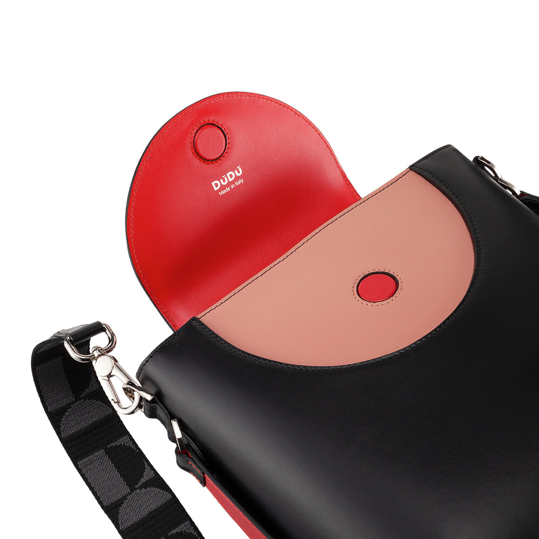 DuDu Kvinnors hinkväska med tillverkad i Italien läder axelband axelväska, magnetisk klaff