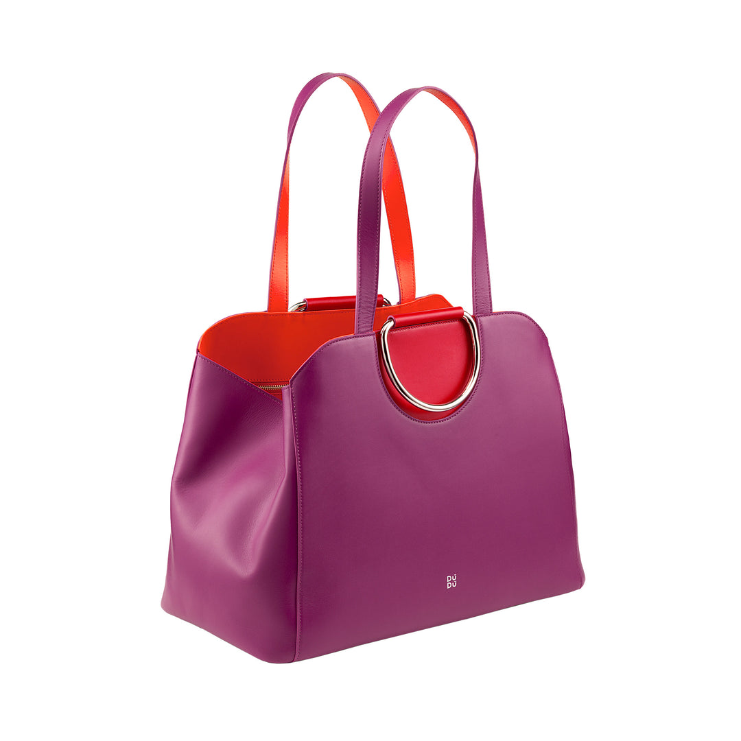 DuDu 女式大号购物袋,意大利制造的彩色皮革,手袋,肩袋,双手柄和手柄