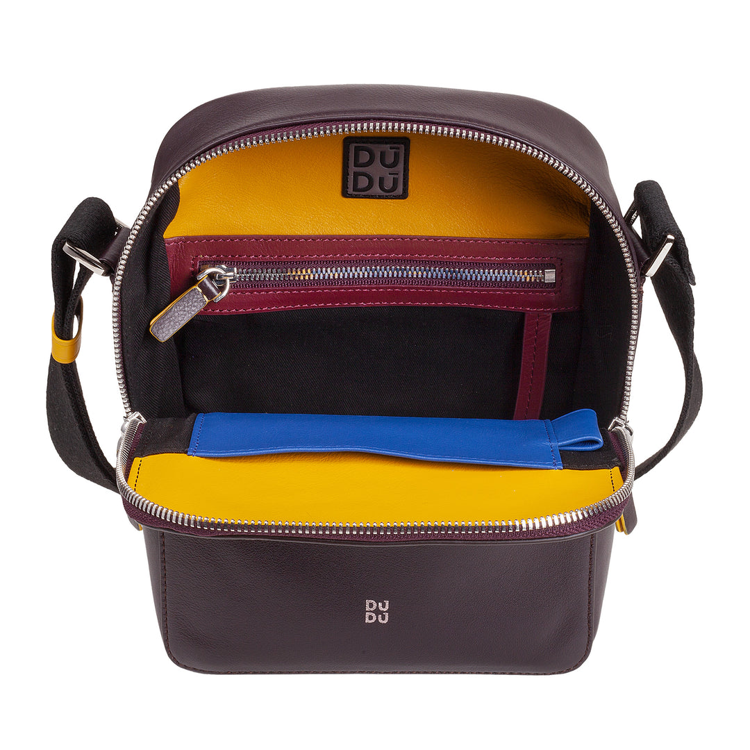 DuDu حقيبة جلد طبيعي ملون، حقيبة قابلة للتعديل، تصميم مدمج صغير، مقصورة متعددة وإغلاق الرمز البريدي