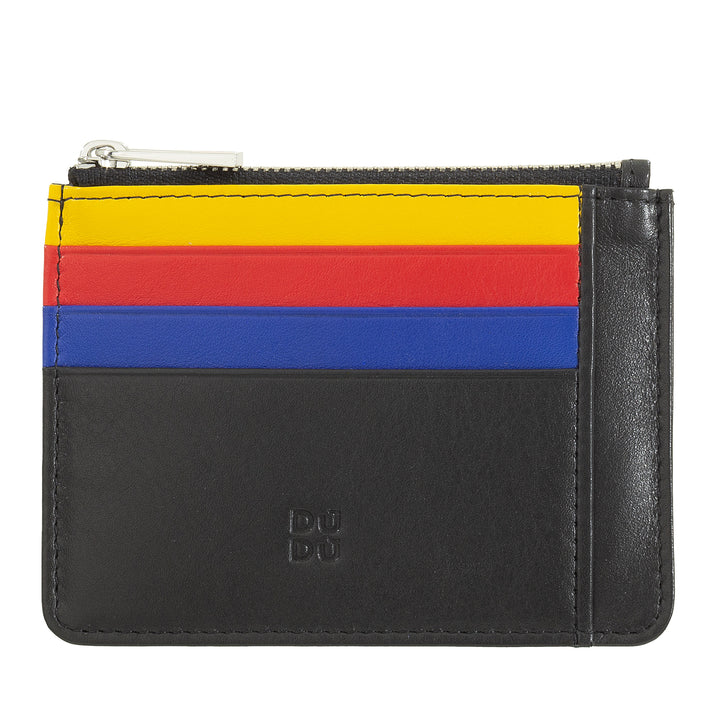 Tarjetas de crédito Dudu Sachet en una billetera de cuero colorida real con cremallera